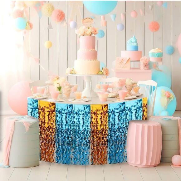 NWT 2 Pack Tinsel Foil Fringe Table Skirt, 108.3 x 29.5” Blue Orange Wavy Party - Picture 6 of 9